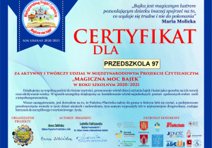 Certyfikat udziału w projekcie "Magiczna Moc Bajek"